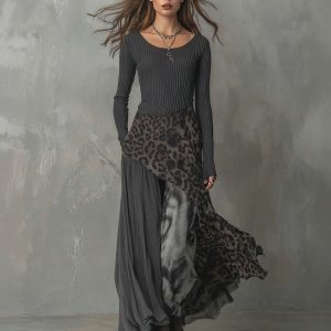 Printed Leopard Print Patchwork Casual Maxi Dress