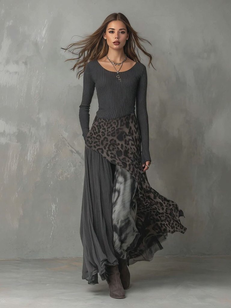 Printed Leopard Print Patchwork Casual Maxi Dress