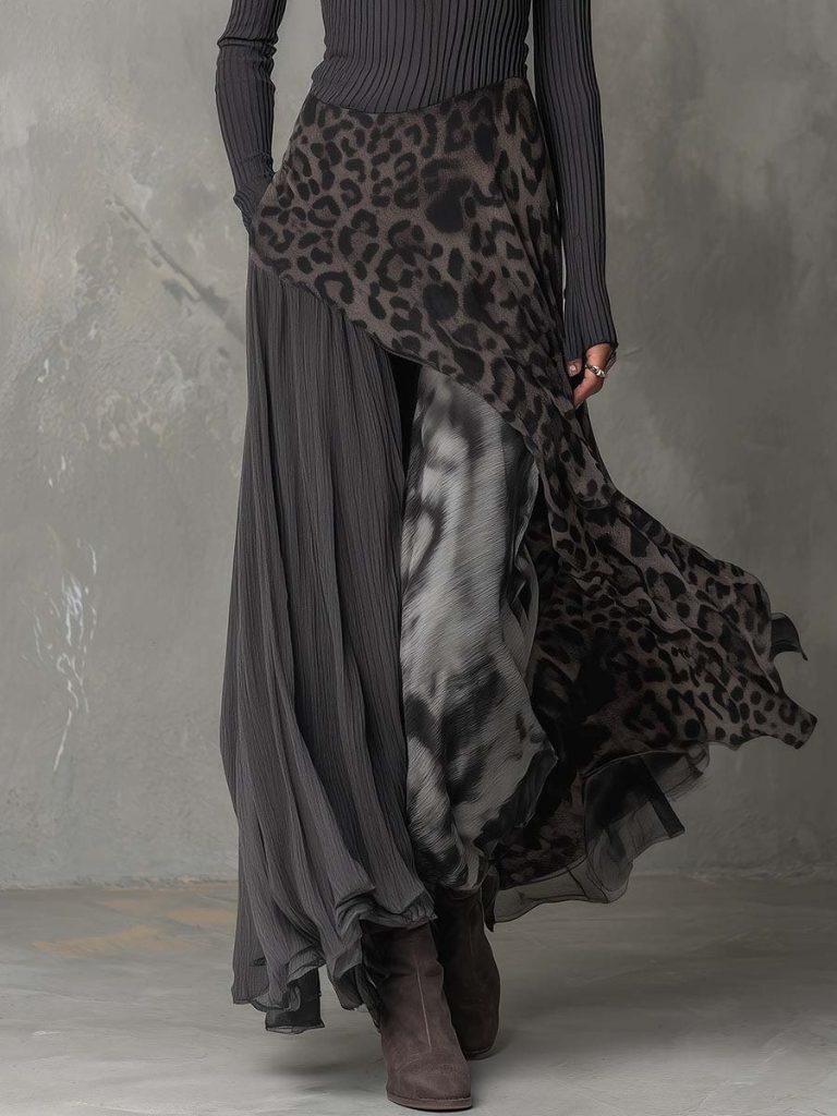 Printed Leopard Print Patchwork Casual Maxi Dress